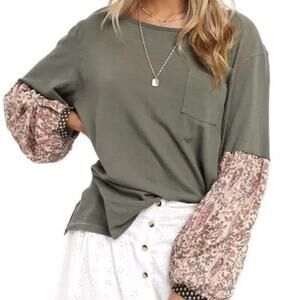 Free People We The Free Jade Floral Balloon Sleeve Top Army Green Boho Beachy S